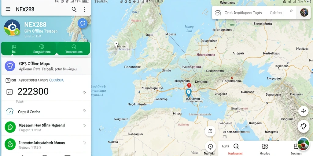 Tampilan antarmuka aplikasi NEX288 dengan fitur GPS Offline Maps.