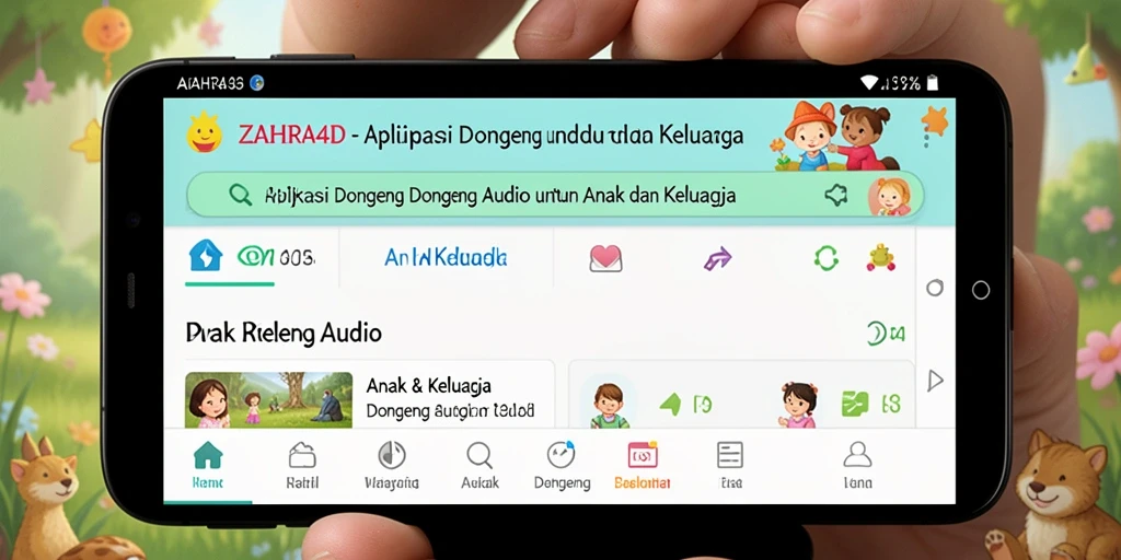 Antarmuka ZAHRA4D menampilkan pilihan dongeng audio yang menarik untuk anak-anak.